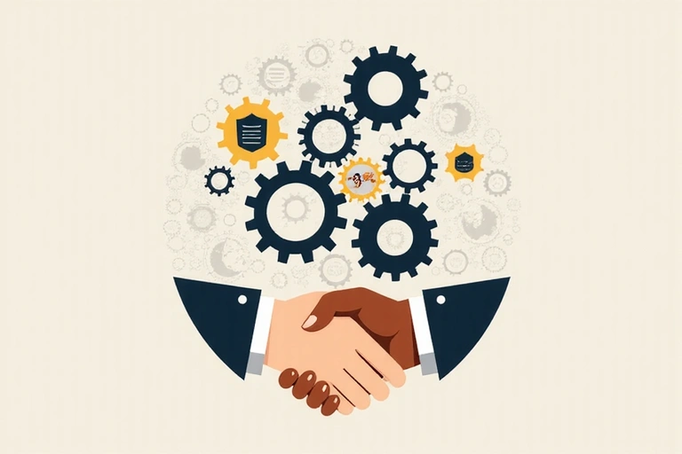 Abstract depiction of legal protection and agreement, with intertwined gears and a shield icon.